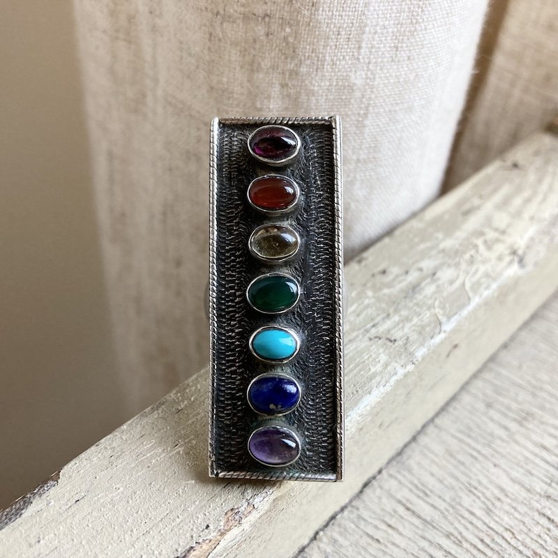 Incredible Vintage Solid Silver Rainbow Crystal Chakra Ring