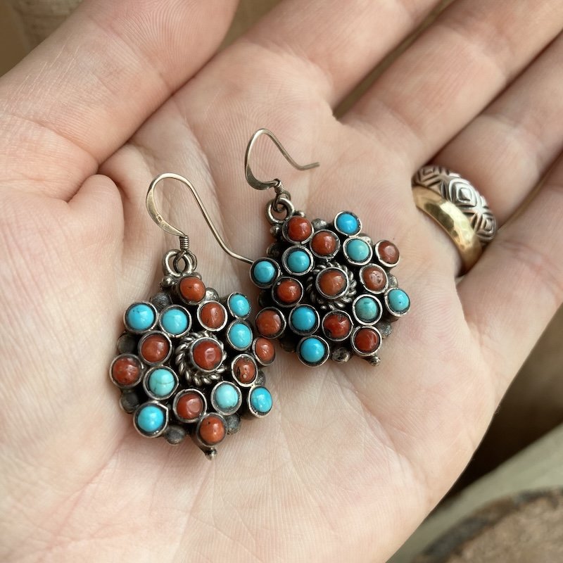 vintage chunky sterling silver, turquoise and red coral earrings 4.jpeg