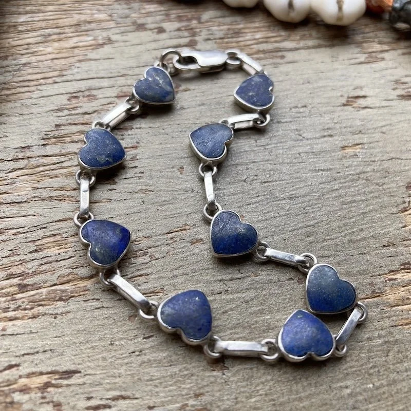 Cute Vintage Sterling Silver Lapis Lazuli Love Heart Bracelet