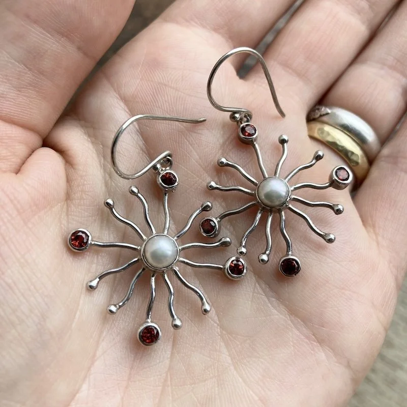 Magical Sterling Silver Pearl and Garnet Earrings