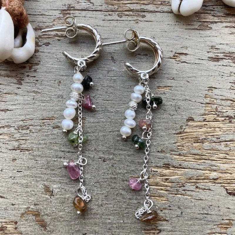 vintage sterling silver dangly crystal and pearl hoops 1.jpeg