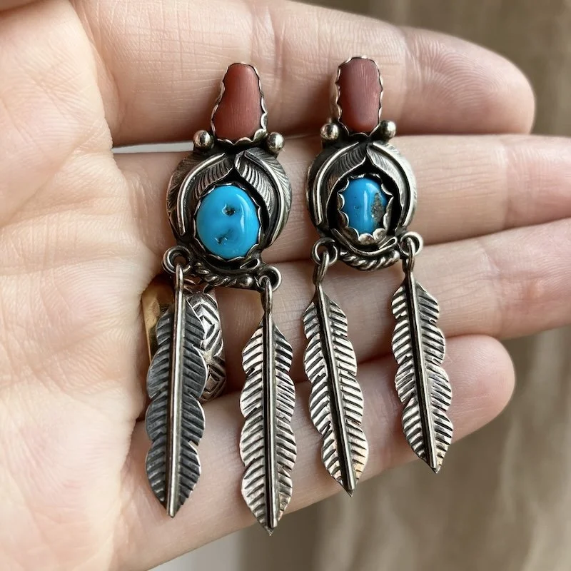 vintage Navajo sterling silver, turquoise an coral dangly earrings 4.jpeg