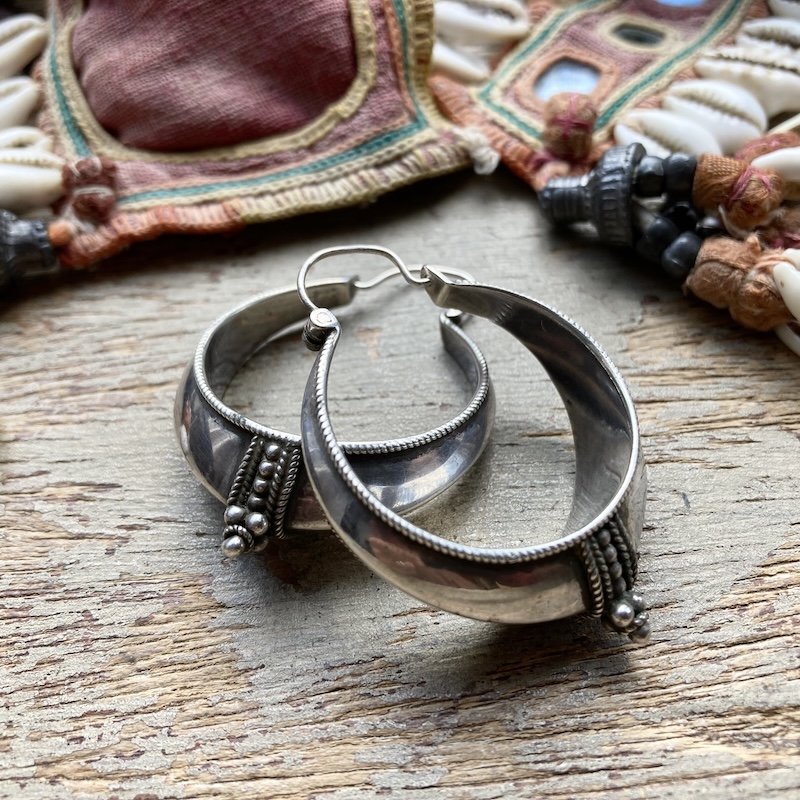 Funky Vintage Indian Sterling Silver Hoops