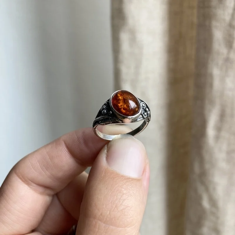 Pretty Vintage Sterling Silver and Amber Ring