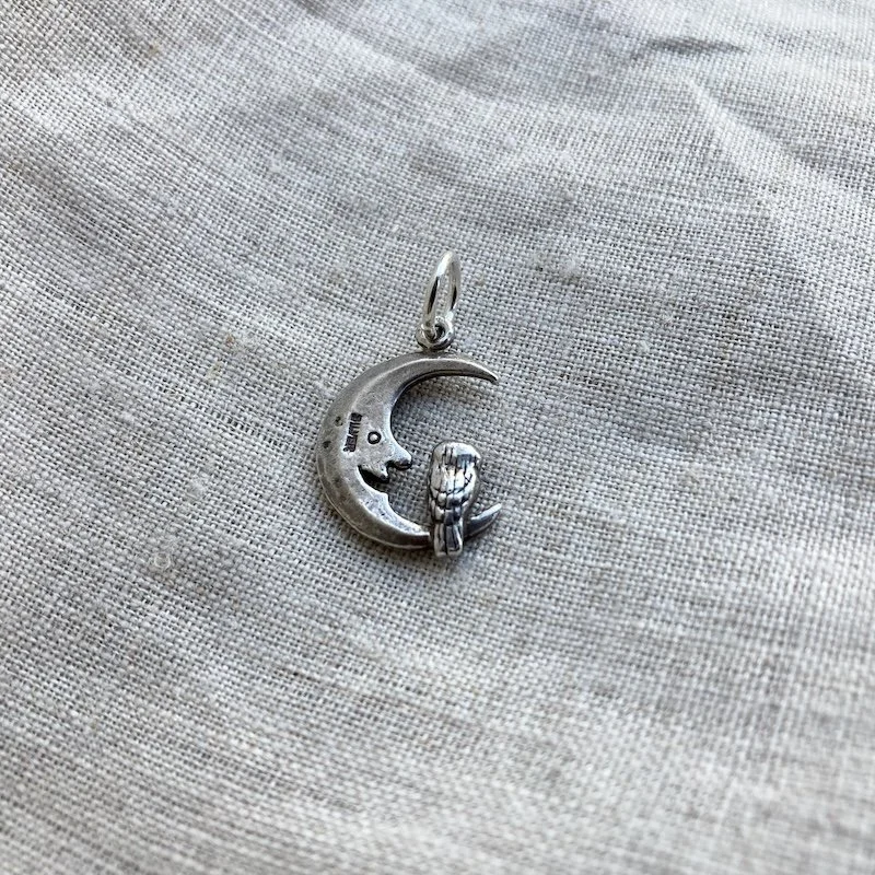Whimsical Little Vintage Sterling Silver Owl and Moon Pendant