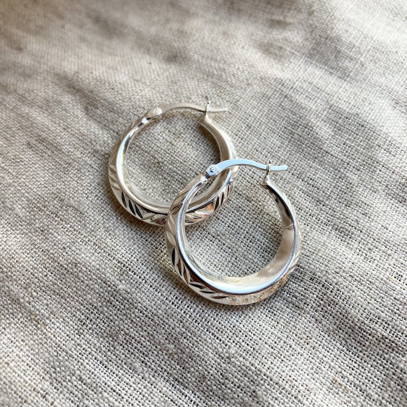 Funky Sterling Silver Engraved Creole Hoops