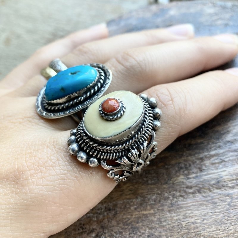 Vintage Tibetan Sterling Silver, Bone and Red Coral Ring