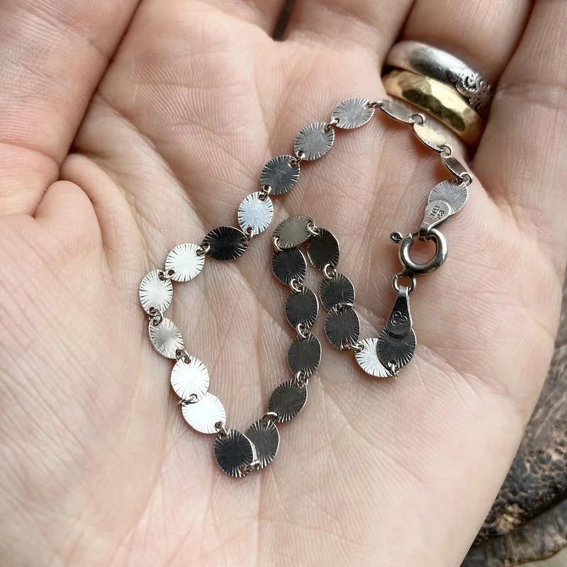Pretty Vintage Sterling Silver Engraved Disc Bracelet