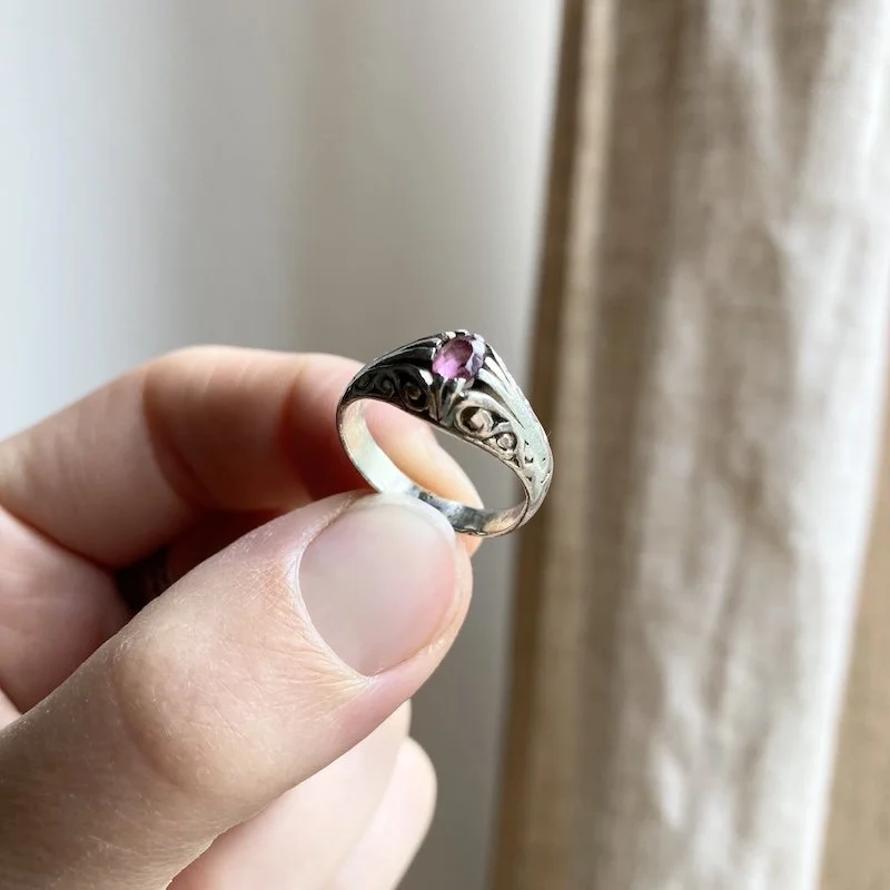 vintage ornate sterling silver pink tourmaline ring 1.jpeg