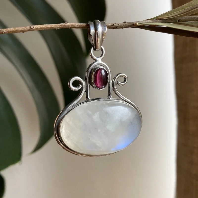 sterling silver rainbow moonstone and garnet pendant 5.jpeg