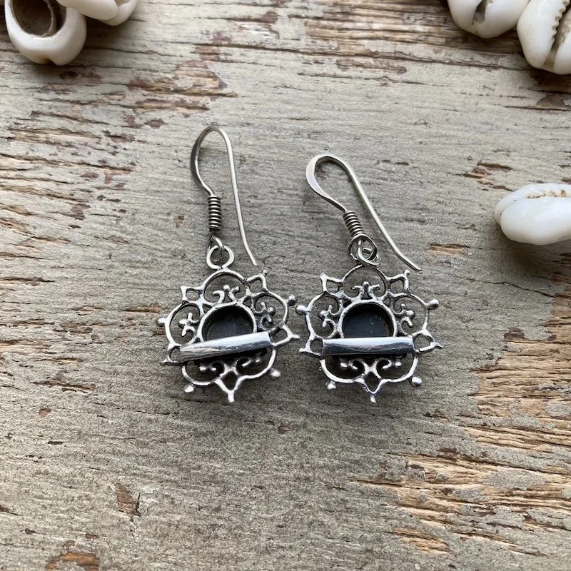 vintage ornate sterling silver onyx flower earrings 3.jpeg