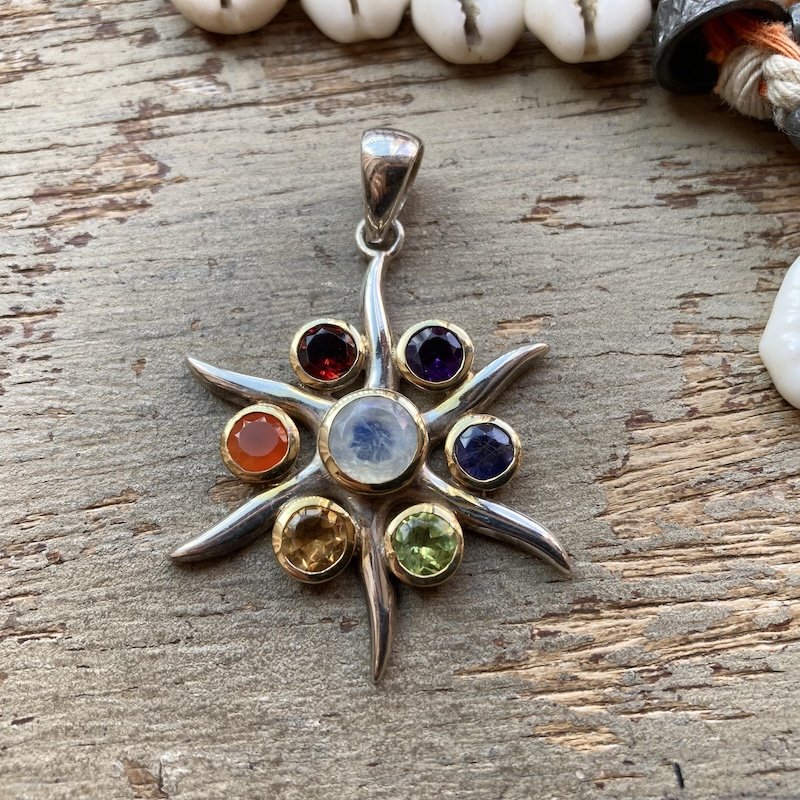 Pretty Sterling Silver Rainbow Crystal Sunburst Pendant