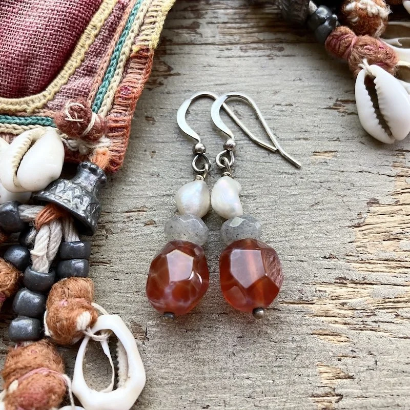 carnelian and pearl dangly earrings 1.jpeg