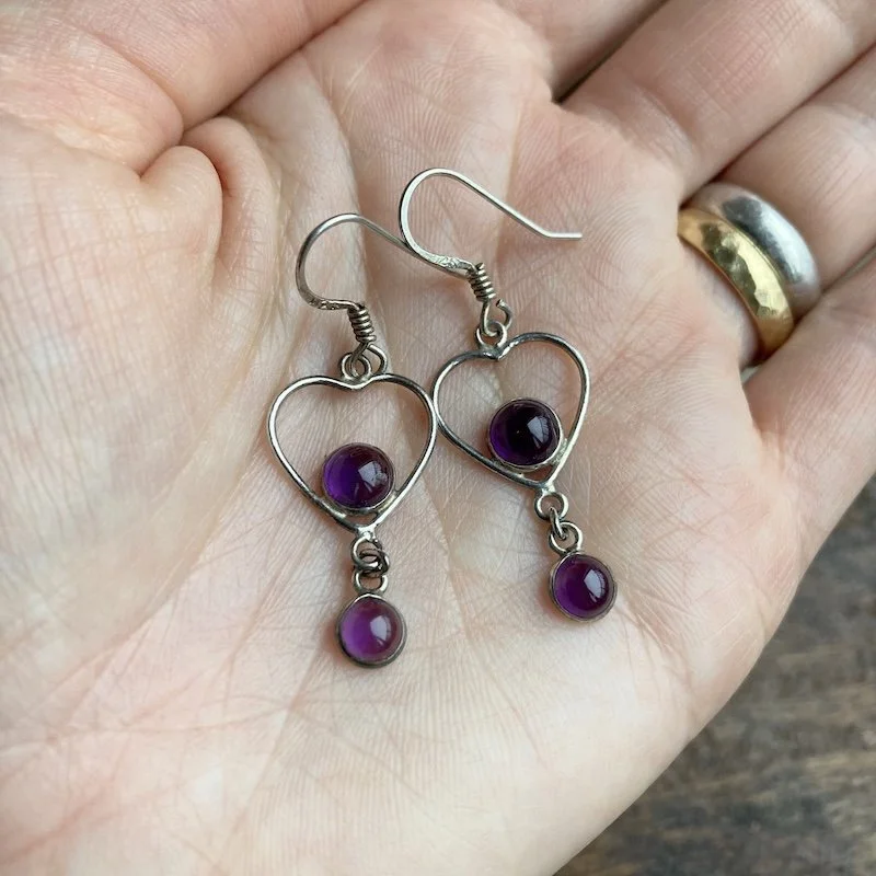 dangly sterling silver and amethyst heart earrings 4.jpeg