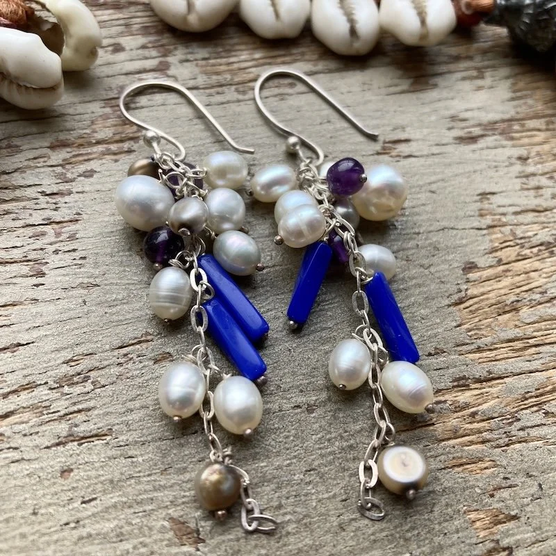 sterling silver dangly pearl and bead earrings 2.jpeg