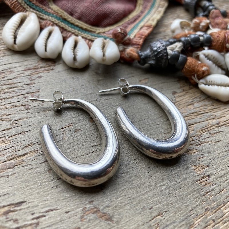 Funky Vintage Sterling Silver Oval Stud Hoops
