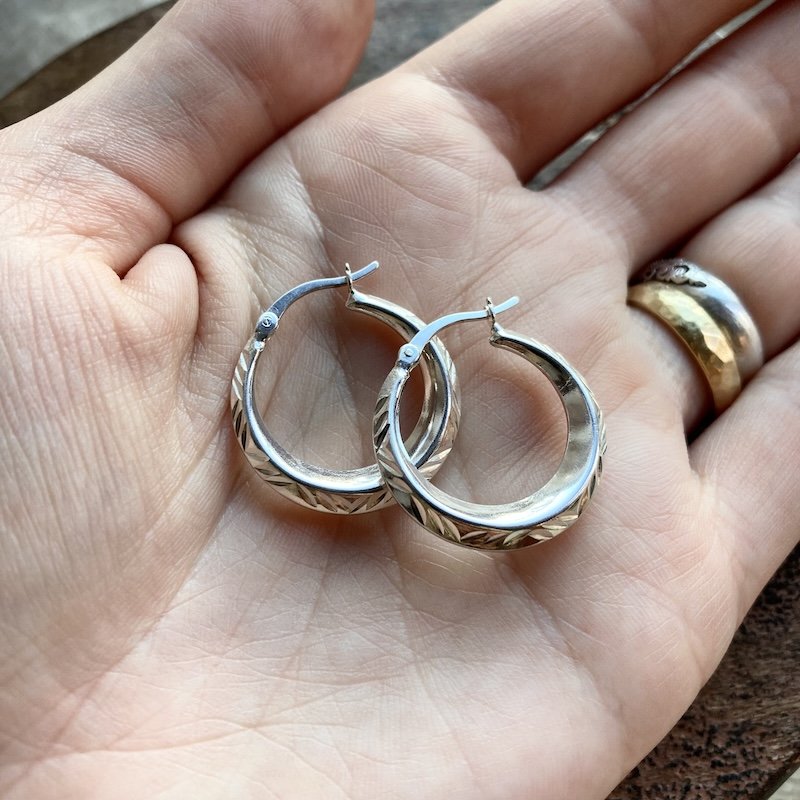 Funky Sterling Silver Engraved Creole Hoops