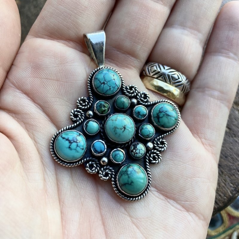 vintage ornate sterling silver and turquoise pendant 2.jpeg