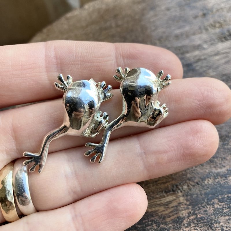 Whimsical Vintage Sterling Silver Frog Earrings