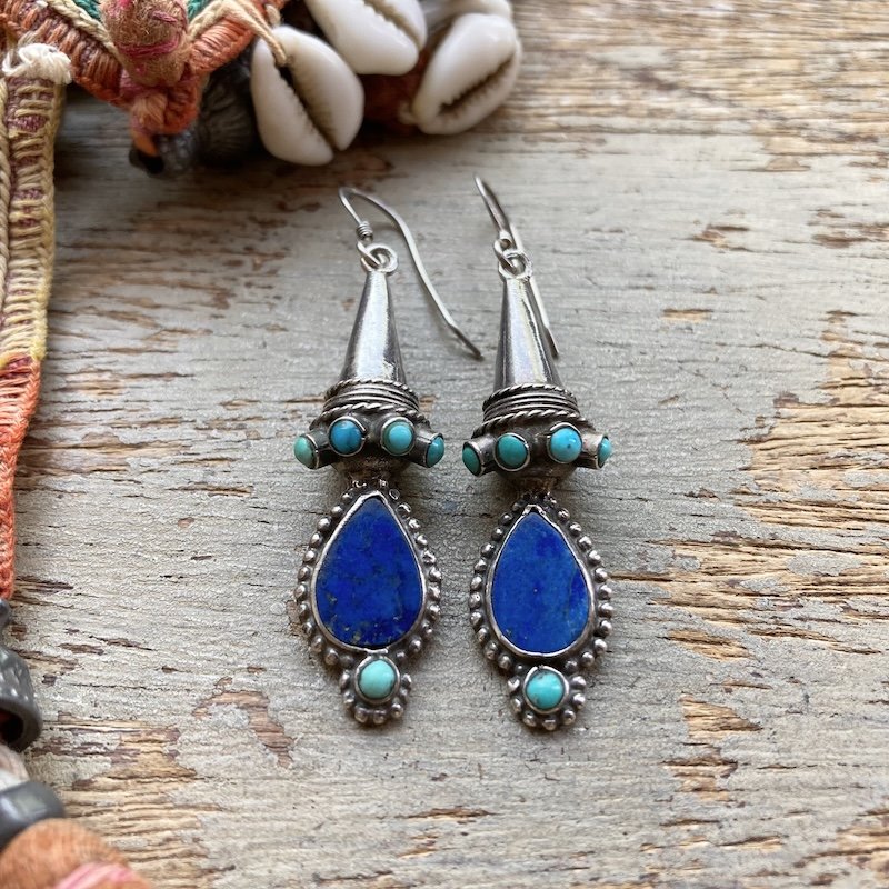 vintage ornate sterling silver turquoise and lapis lazuli earrings 1.jpeg