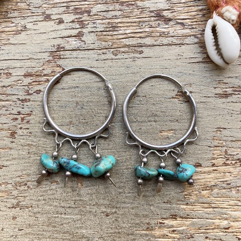 Fab Vintage Sterling Silver Turquoise Hoops