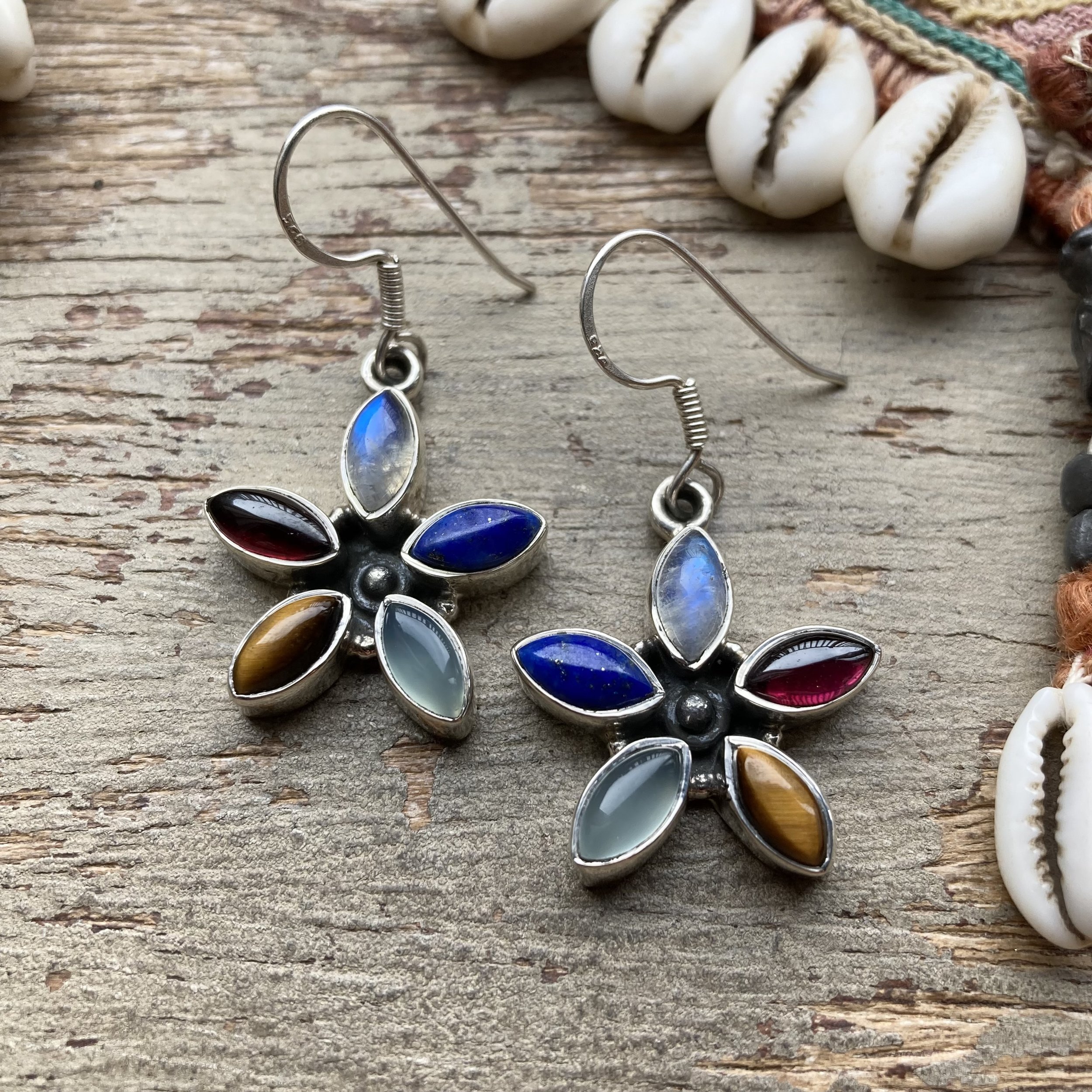 Dreamy Vintage Sterling Silver Gemstone Flower Earrings