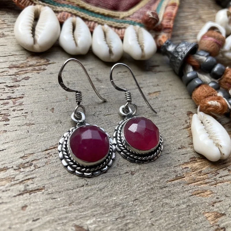 Pretty Ornate Sterling Silver Faceted Ruby Earrings
