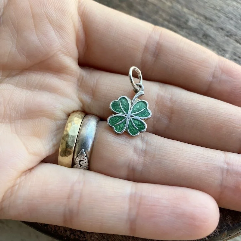 Vintage Sterling Silver and Enamel Lucky 4-Leaved Clover Pendant