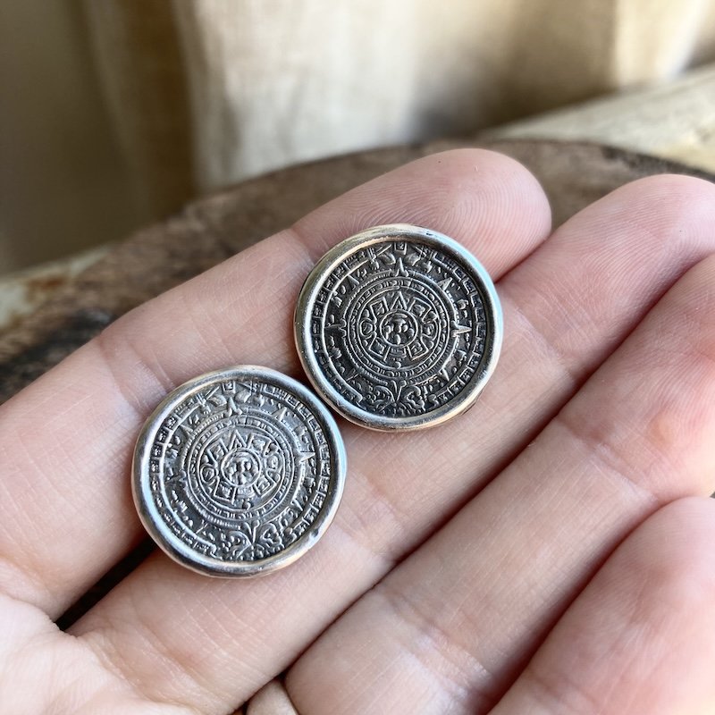 Vintage Mexican Sterling Silver Mayan Sun Earrings