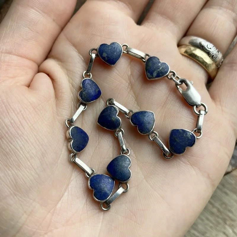 Cute Vintage Sterling Silver Lapis Lazuli Love Heart Bracelet