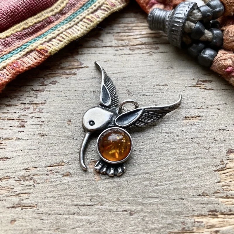 vintage sterling silver and amber hummingbird pendant 1.jpeg