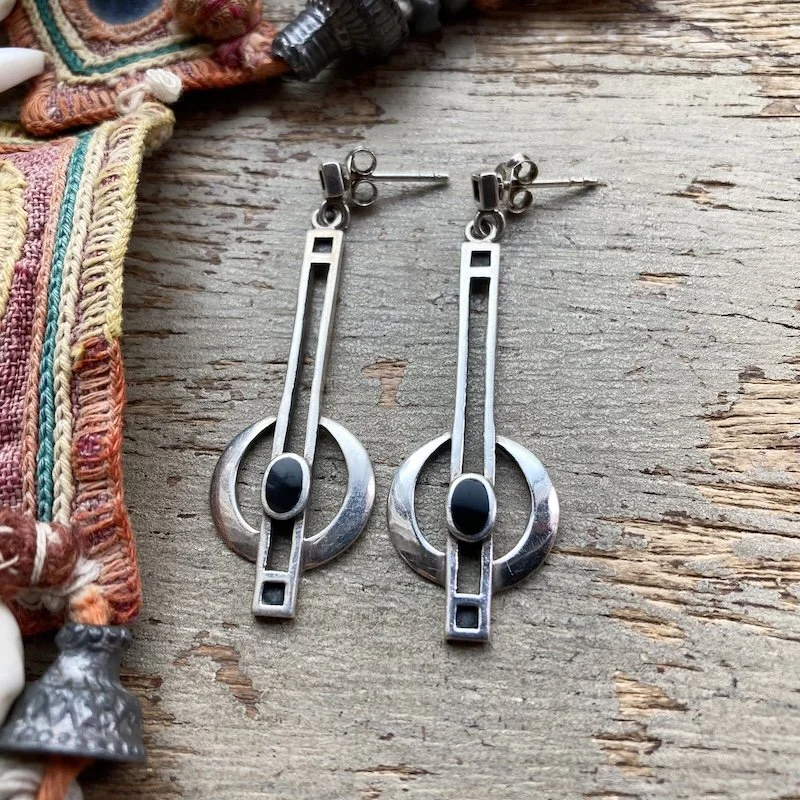 vintage modernist sterling silver and onyx earrings 1.jpeg