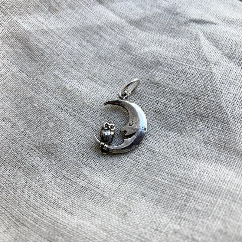 Whimsical Little Vintage Sterling Silver Owl and Moon Pendant
