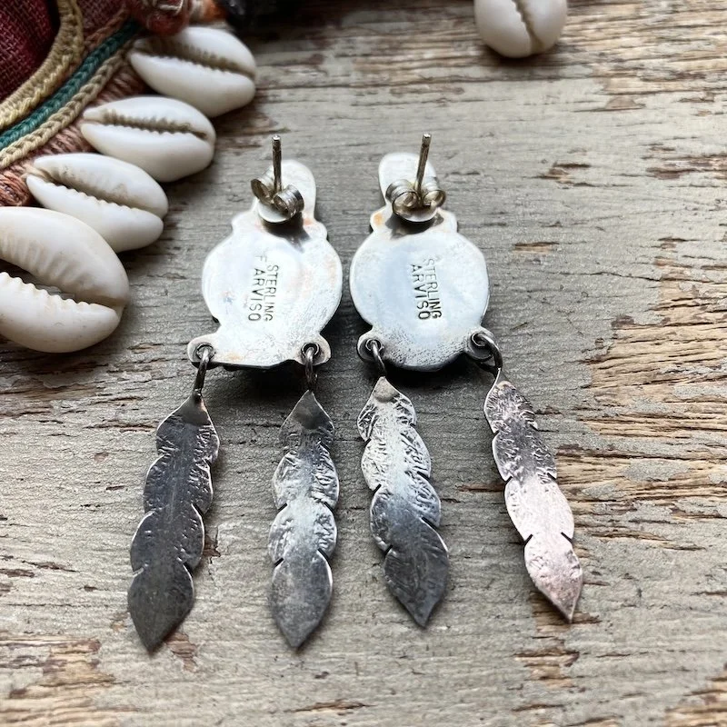 vintage Navajo sterling silver, turquoise an coral dangly earrings 3.jpeg