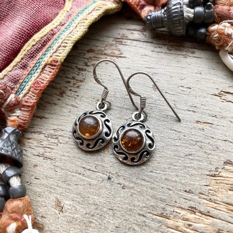 Lovely Vintage Sterling Silver and Amber Earrings