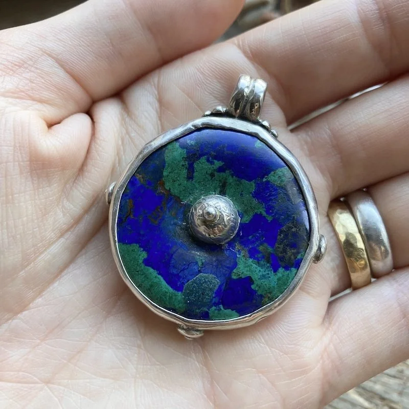 Beautiful Vintage Sterling Silver Azurite Malachite Pendant