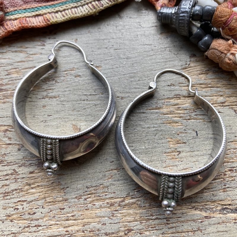 Funky Vintage Indian Sterling Silver Hoops