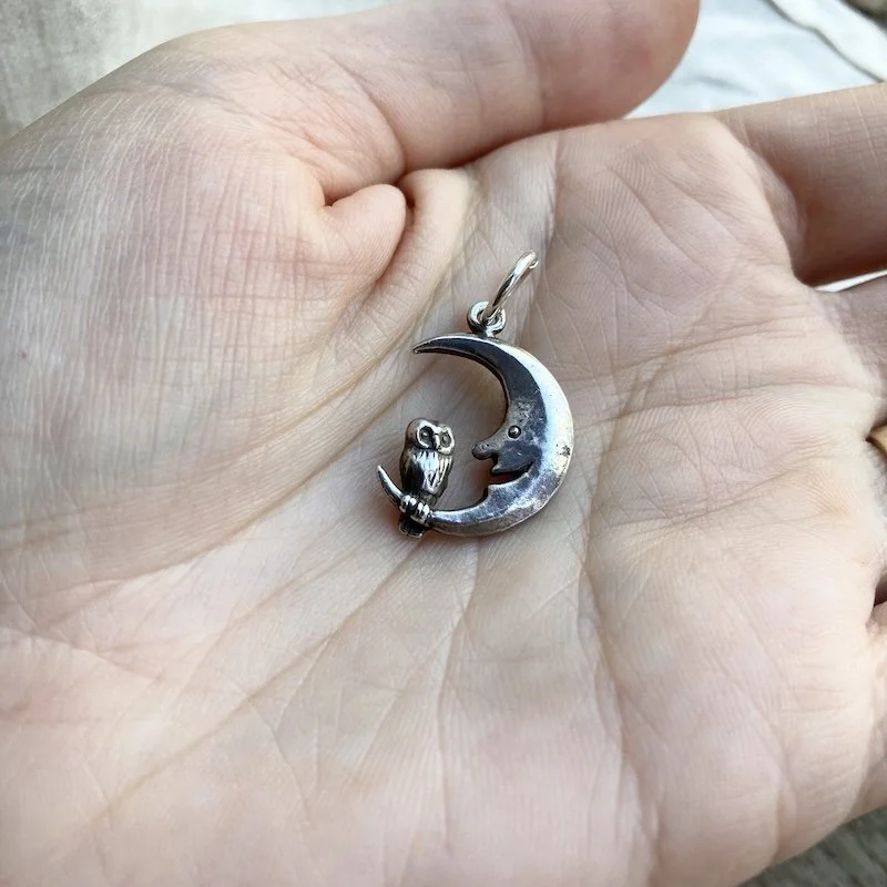 Whimsical Little Vintage Sterling Silver Owl and Moon Pendant