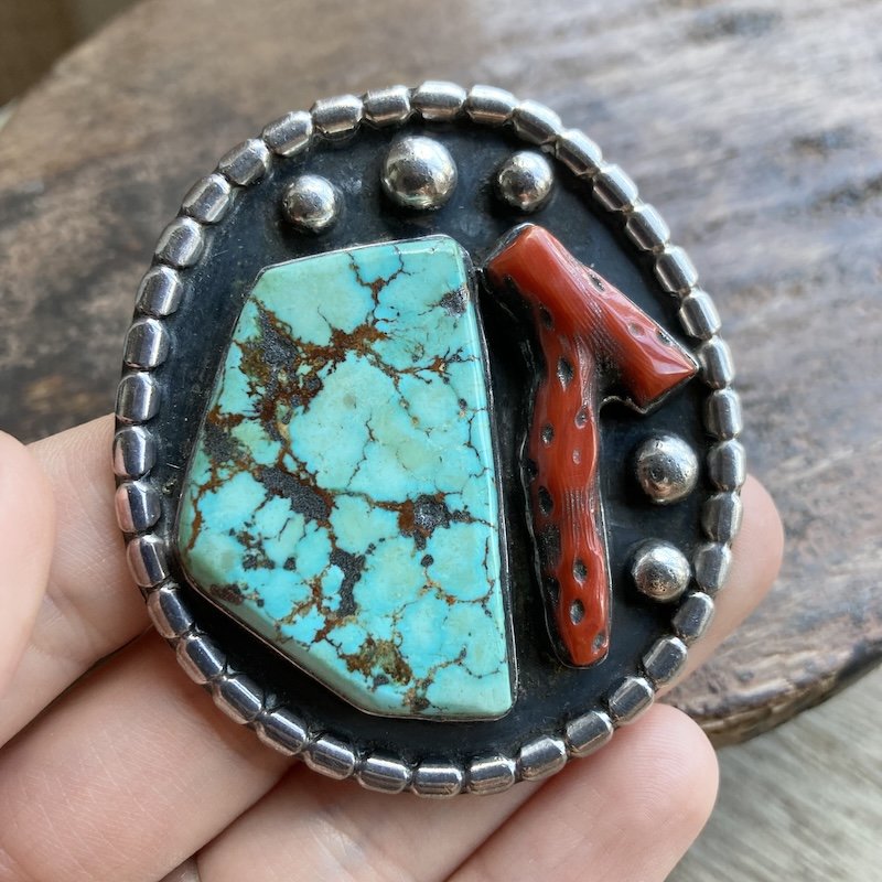 Beautiful Vintage Navajo Solid Silver, Turquoise and Red Coral Pendant