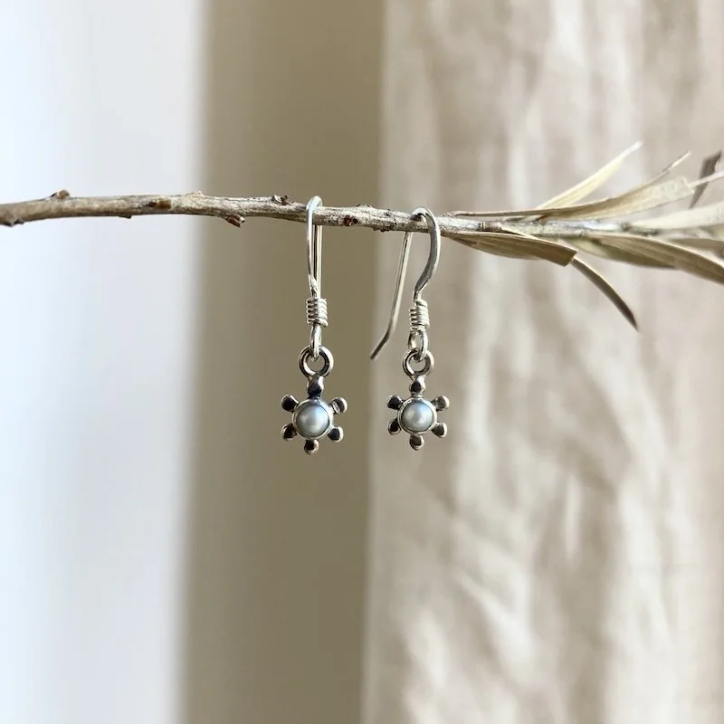 tiny little sterling silver pearly flower earrings 3.jpeg
