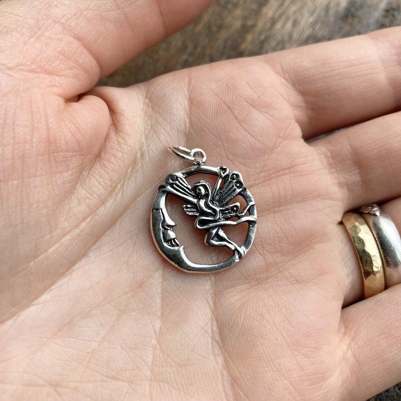 Whimsical Sterling Silver Fairy and Moon Pendant