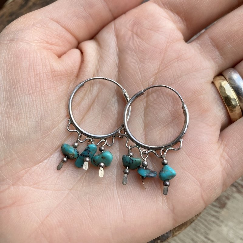 Fab Vintage Sterling Silver Turquoise Hoops