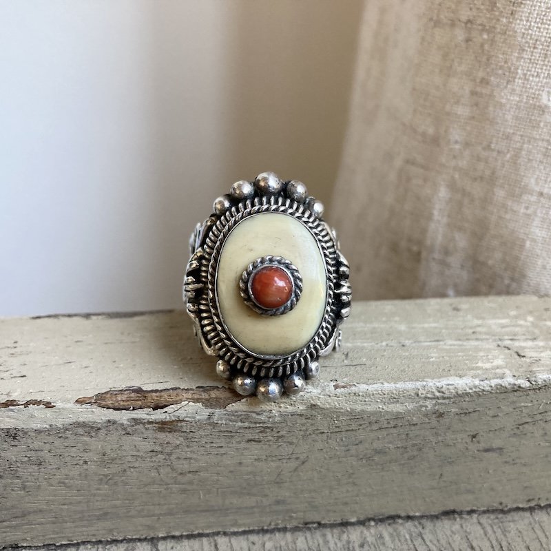 Vintage Tibetan Sterling Silver, Bone and Red Coral Ring
