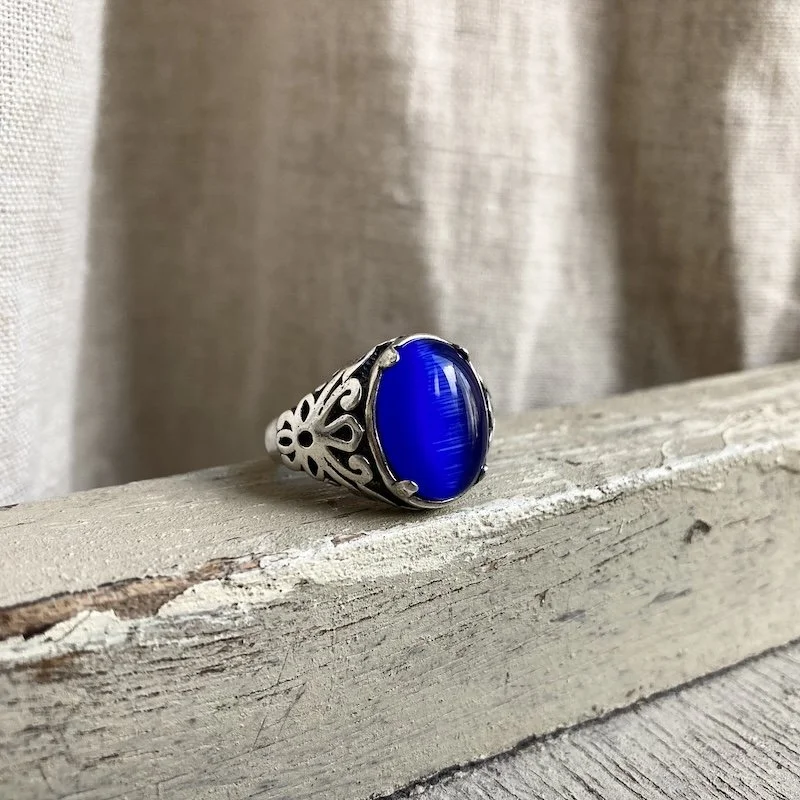 Dreamy Vintage Sterling Silver and Blue Glass Ring