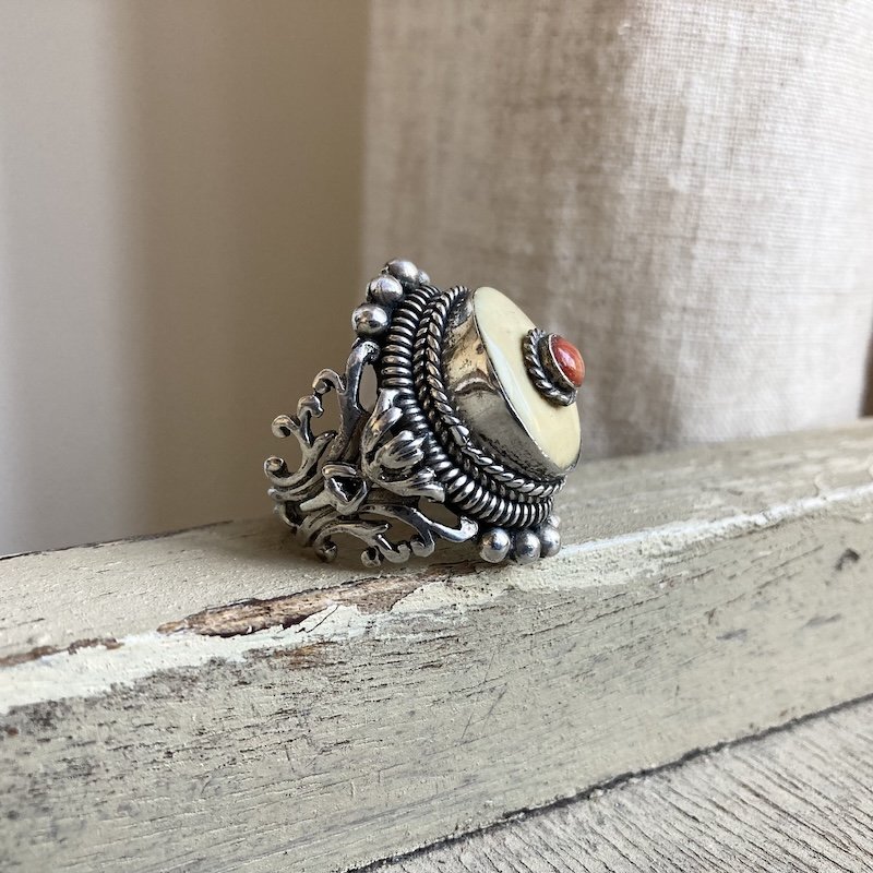 Vintage Tibetan Sterling Silver, Bone and Red Coral Ring