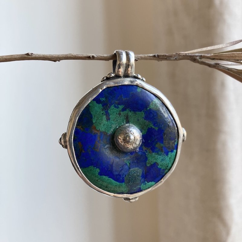 Beautiful Vintage Sterling Silver Azurite Malachite Pendant