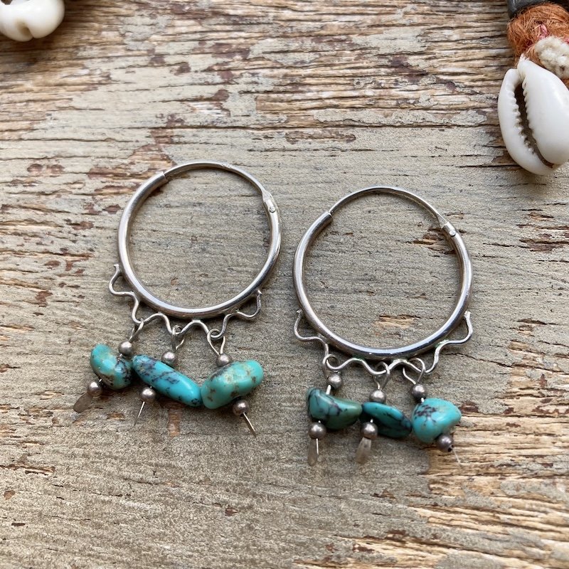 Fab Vintage Sterling Silver Turquoise Hoops