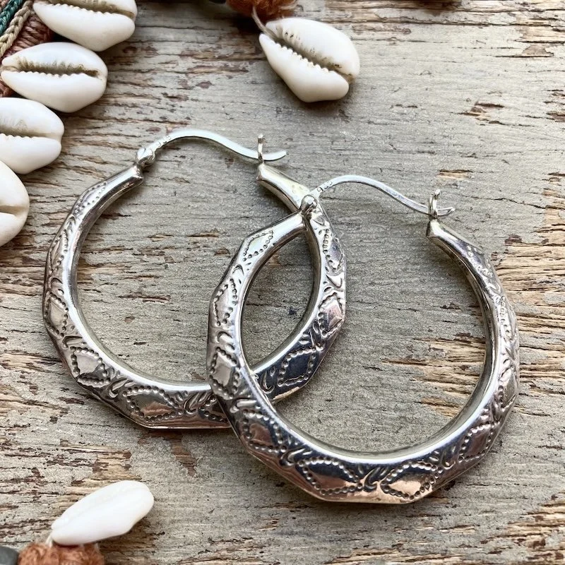Funky Sterling Silver Large Patterned Creole Hoops