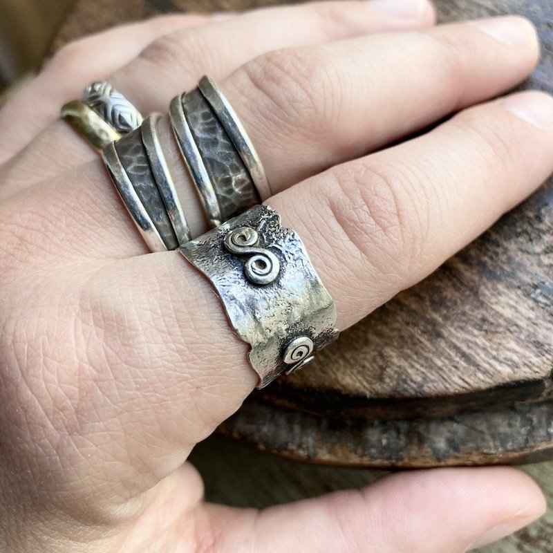 earthy textured solid silver swirly spiral ring 4.jpeg