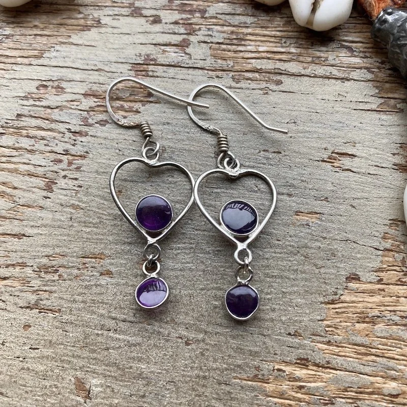 dangly sterling silver and amethyst heart earrings 3.jpeg